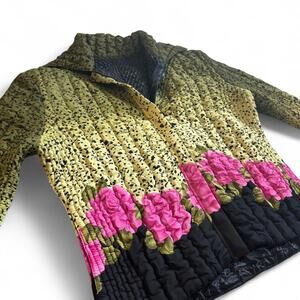 Quilted Green Pink Floral Jacket Wearable Art Bright Print Puff Texture Zip Up